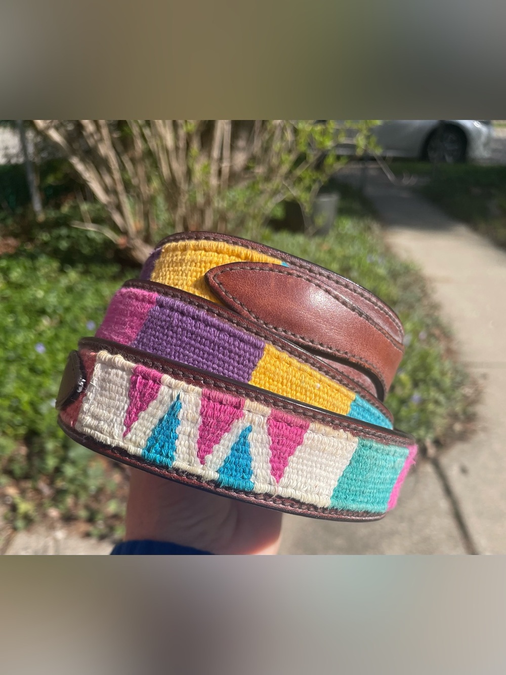 Leather Belt Solid Brass Buckle Colorful Detail Boho Western Style Large